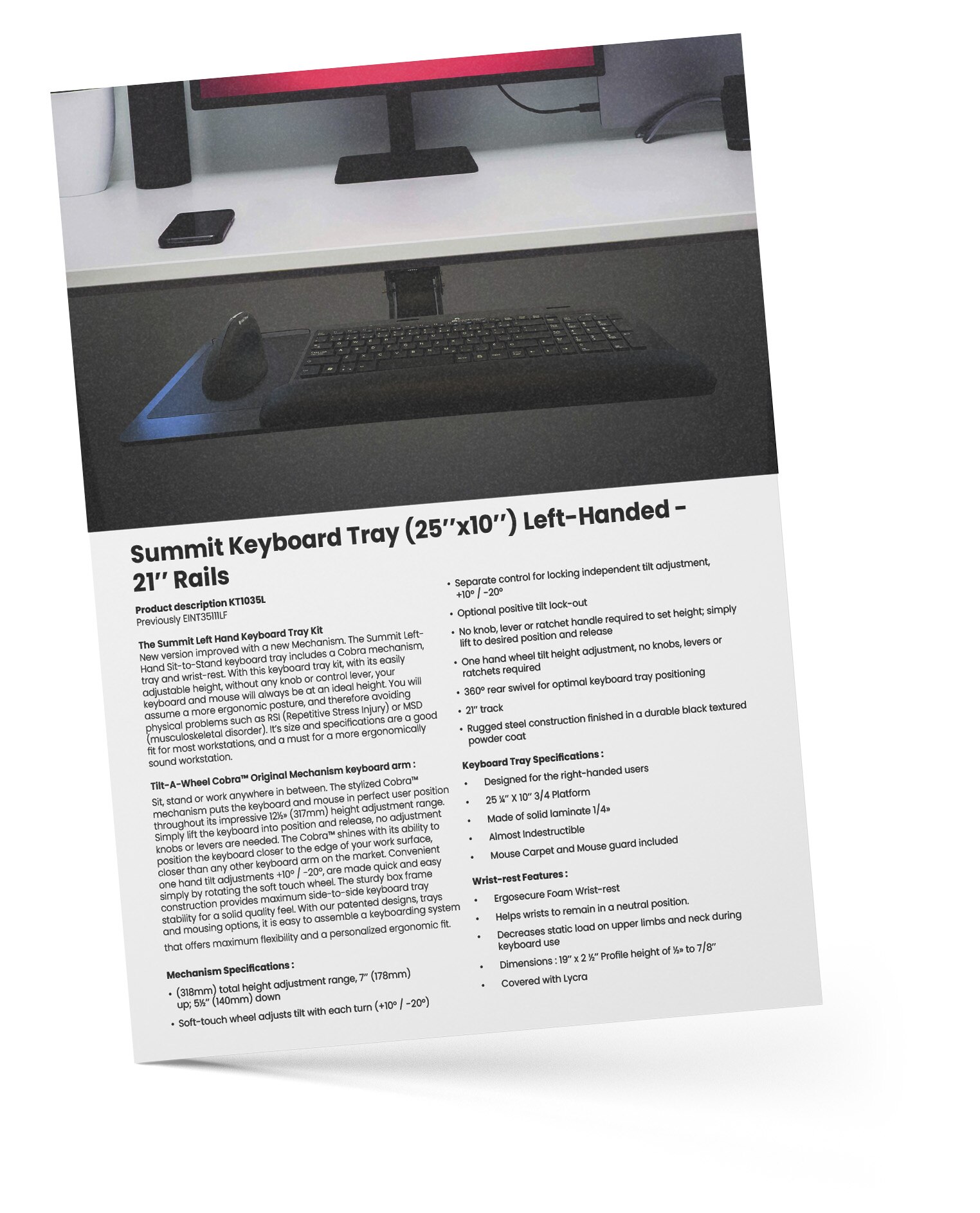 Summit Left Hand Keyboard Tray Kit - 21in Track