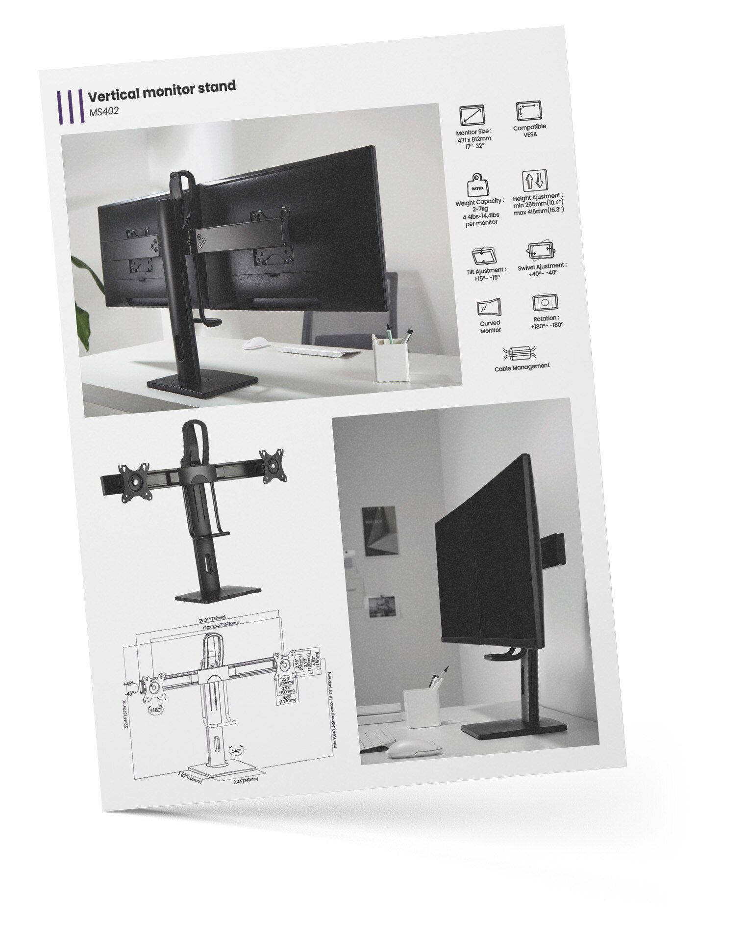 MS402 Dual Screens Vertical Lift Monitor Stand