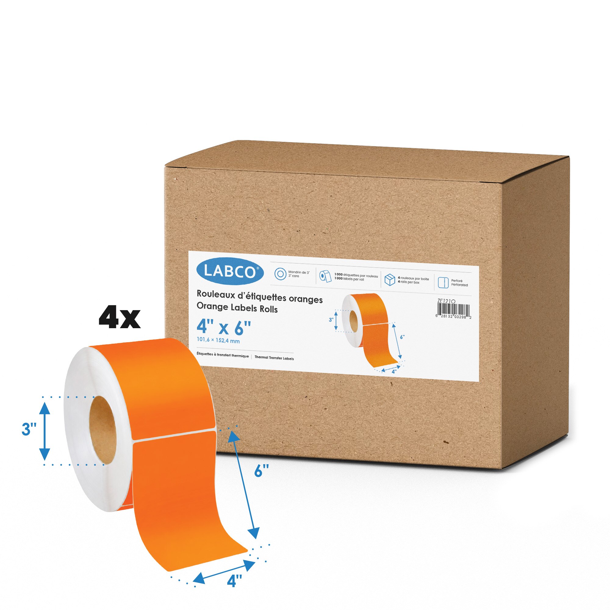 4'' x 6'' Thermal Transfer Orange Labels 3'' Core 1000/roll 4/cs